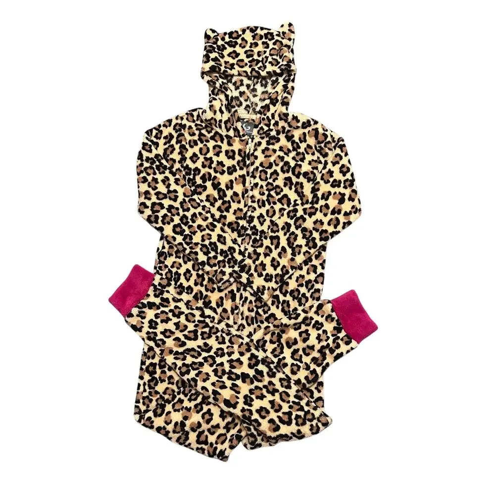 PJ Couture Women’s Pajamas Size Small One Piece Leopard Print Hood w/Ears